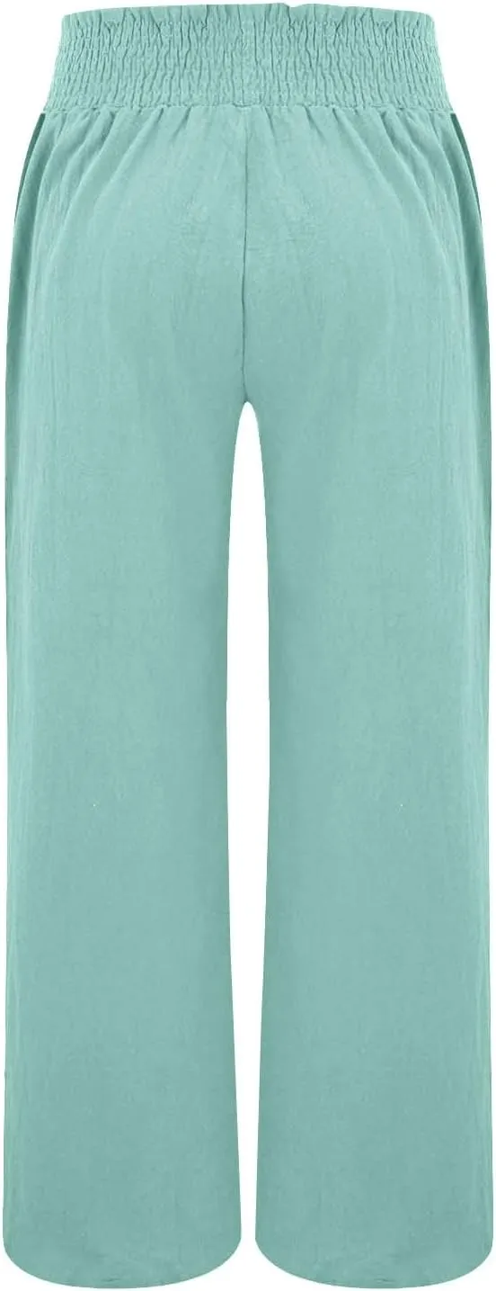 Cotton Linen Pants for Women 2025 Summer Casual Loose Wide Leg Palazzo Pants Smocked High Waist Beach Trousers Outfits