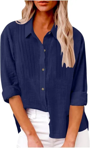 Cotton Linen Shirts for Women Summer Long Sleeve Button Down Shirt Pleated Front Gauze Tops Loose Casual Blouses