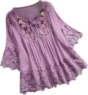 Cotton Linen Tops for Women Vintage Lace Patchwork Bow V-Neck Embroidery Shirts 3/4 Bell Sleeve Plus Size Blouse