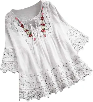 Cotton Linen Tops for Women Vintage Lace Patchwork Bow V-Neck Embroidery Shirts 3/4 Bell Sleeve Plus Size Blouse
