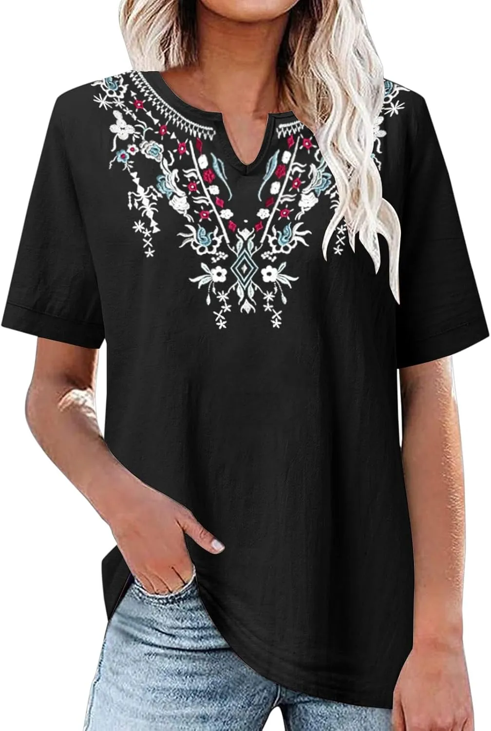 Cotton Shirts for Women Fashion Embroidery Short Sleeve Tops Casual Loose Fit Summer Blouses Comfy Size T-Shirts