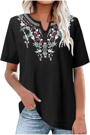 Cotton Shirts for Women Fashion Embroidery Short Sleeve Tops Casual Loose Fit Summer Blouses Comfy Size T-Shirts
