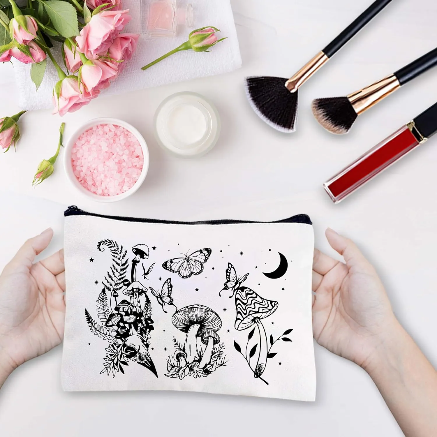 CREATCABIN Black Mushroom Canvas Makeup Bags Cosmetic Bag Multipurpose Case Iron on Transfer Metal Zipper Sublimation Blanks Gothic Bag Purse Pouches Travel Toiletry Bag for DIY 10x7Inch