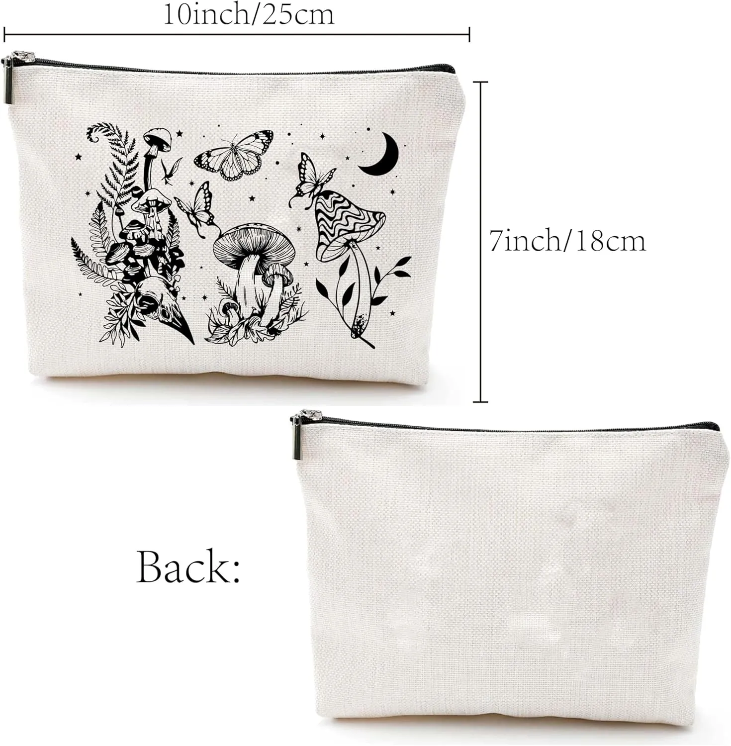 CREATCABIN Black Mushroom Canvas Makeup Bags Cosmetic Bag Multipurpose Case Iron on Transfer Metal Zipper Sublimation Blanks Gothic Bag Purse Pouches Travel Toiletry Bag for DIY 10x7Inch