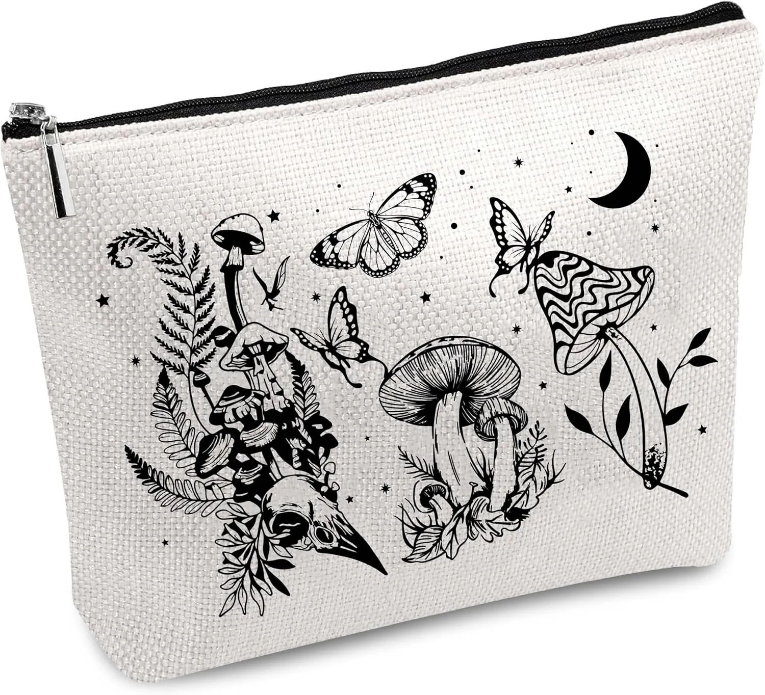 CREATCABIN Black Mushroom Canvas Makeup Bags Cosmetic Bag Multipurpose Case Iron on Transfer Metal Zipper Sublimation Blanks Gothic Bag Purse Pouches Travel Toiletry Bag for DIY 10x7Inch