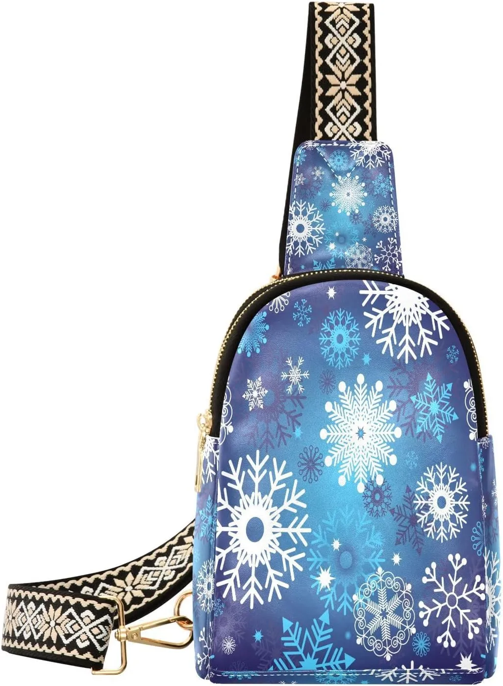 Creative Snowflakes Winter Fanny Pack Crossbody PC Leather Small Sling Bag for Women Christmas Fashion Waist Packs Chest Bag for Travel Sports Running Hiking
