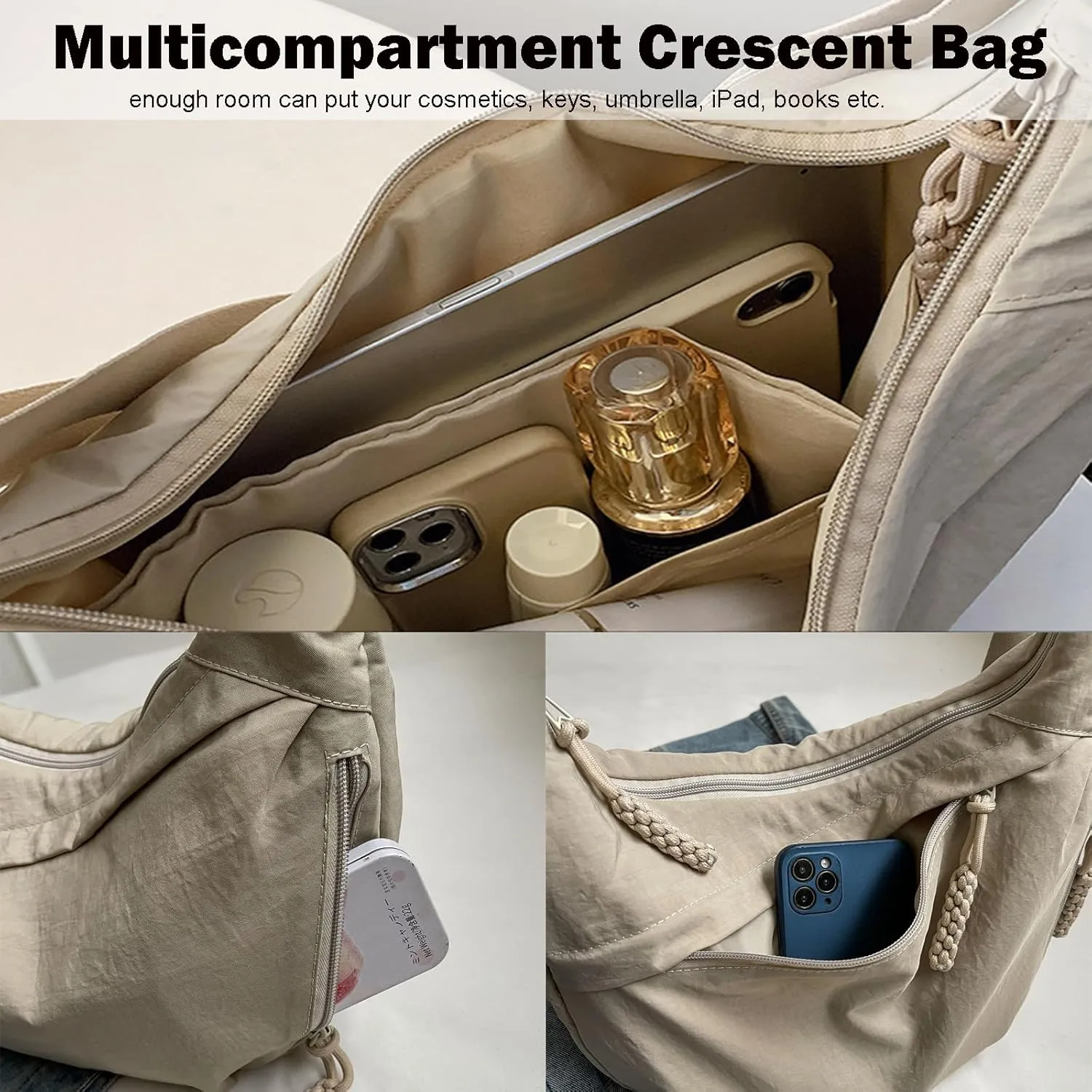 Crescent Shoulder Bag Nylon Crossbody Bag for Women Nylon Hobo Bags Slouchy Sling Purse Dumpling Bags