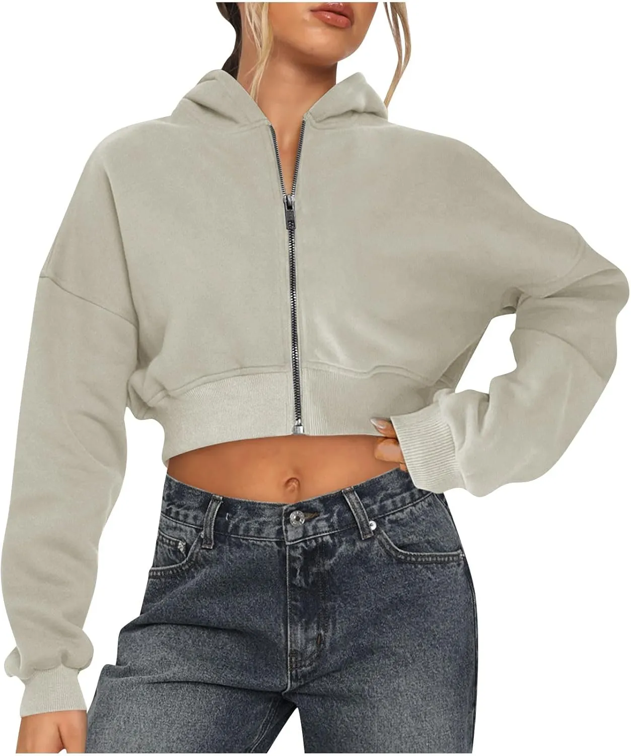 Cropped Hoodie Women Zip Up Long Sleeve Solid Lightweight Thin Sweatshirts Fall Casual Fleece Cute Hoodies Tops