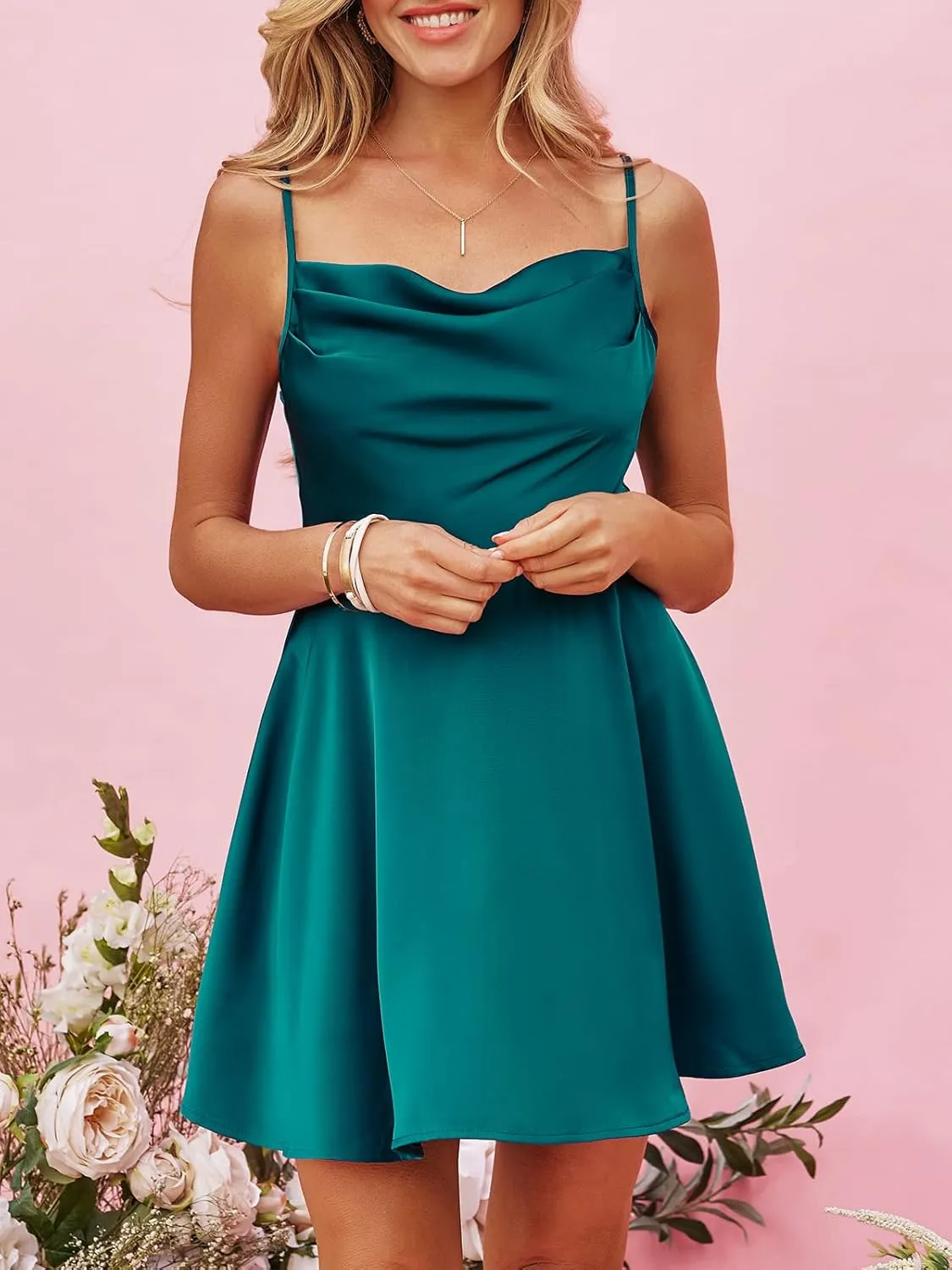 CUPSHE Women's Cowl Neck Satin Short Dress Sleeveless Formal Dress Cami Straps Hunter Green Mini Dress