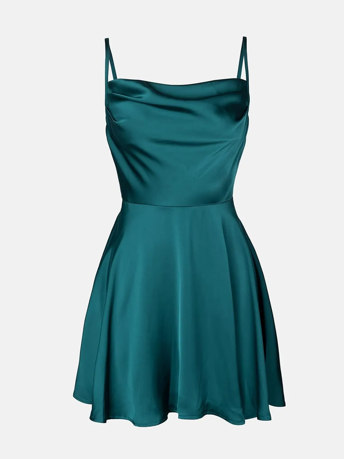 CUPSHE Women's Cowl Neck Satin Short Dress Sleeveless Formal Dress Cami Straps Hunter Green Mini Dress