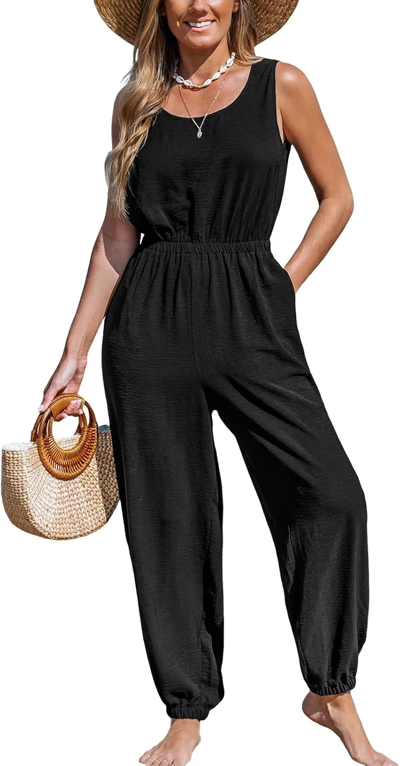 CUPSHE Women's Sleeveless Woven Sleeveless Wide Leg Dressy Casual Jumpsuit Beach Vacation Outfits