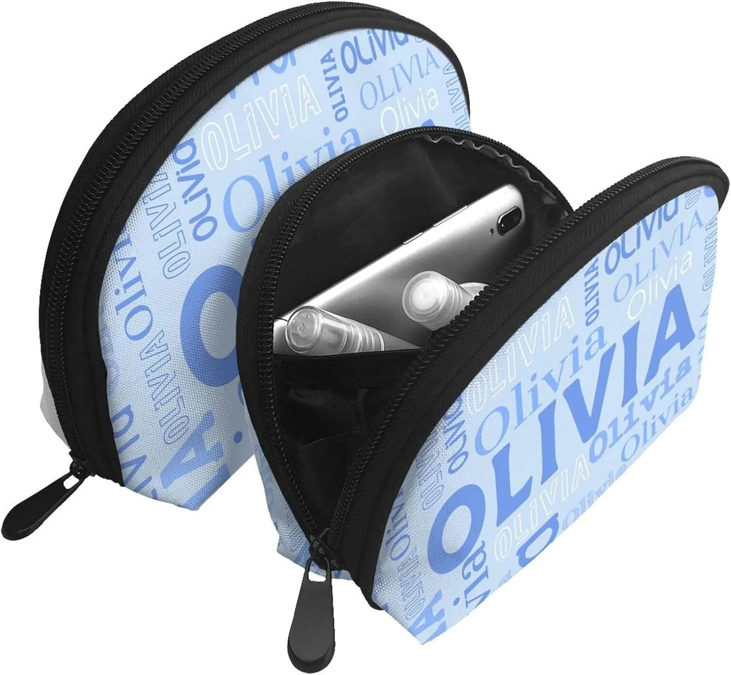 Custom 2 Pcs Cosmetic Bags with Name, personalized Name Portable Clutch Pouch Set for Travel Camper Bathroom, Customized 2PCS Name Portable Makeup Bags with Zipper Gifts for Women Girls (Light Blue)