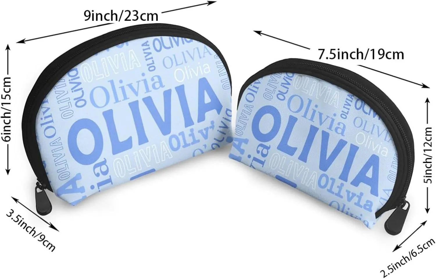 Custom 2 Pcs Cosmetic Bags with Name, personalized Name Portable Clutch Pouch Set for Travel Camper Bathroom, Customized 2PCS Name Portable Makeup Bags with Zipper Gifts for Women Girls (Light Blue)