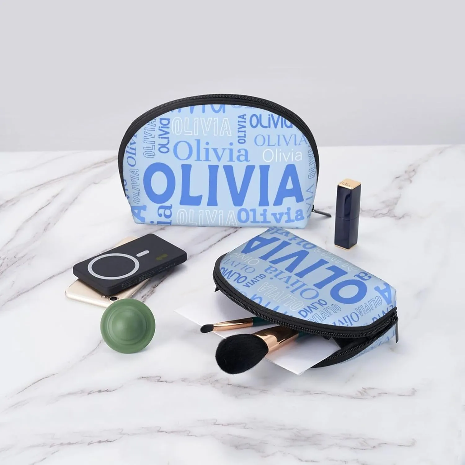 Custom 2 Pcs Cosmetic Bags with Name, personalized Name Portable Clutch Pouch Set for Travel Camper Bathroom, Customized 2PCS Name Portable Makeup Bags with Zipper Gifts for Women Girls (Light Blue)