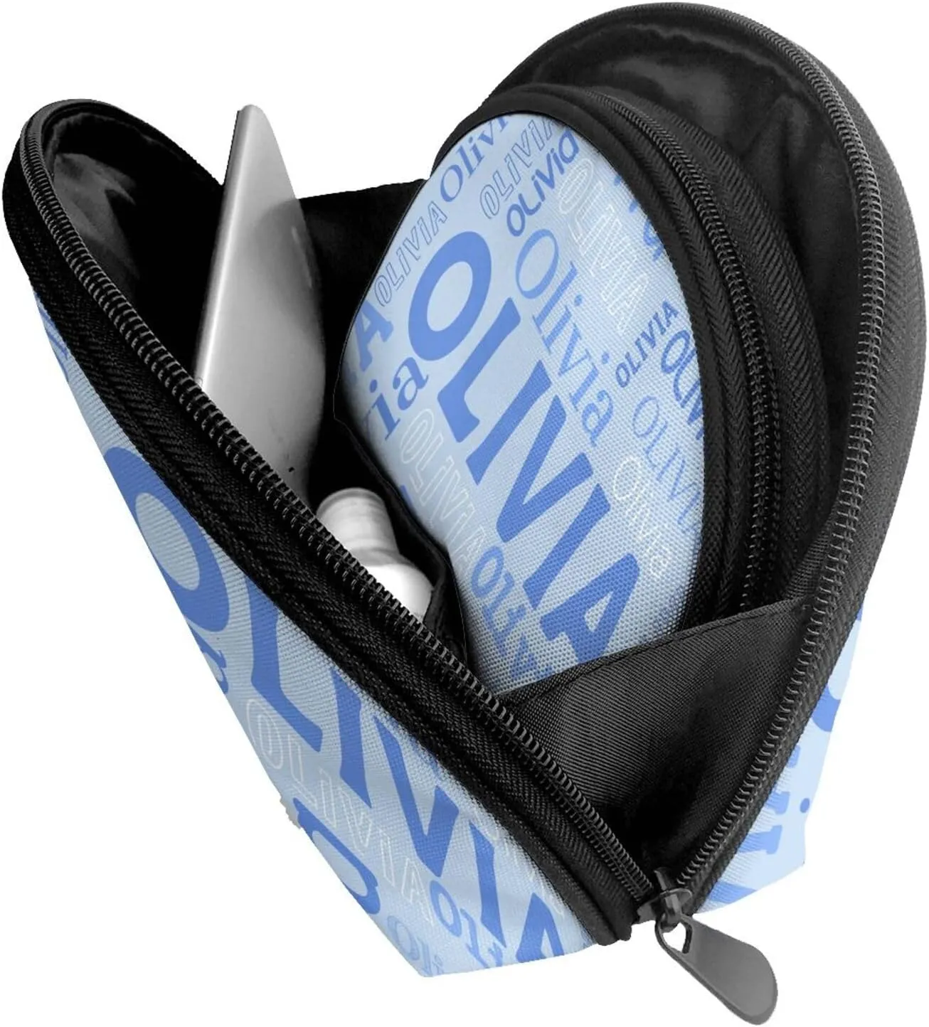 Custom 2 Pcs Cosmetic Bags with Name, personalized Name Portable Clutch Pouch Set for Travel Camper Bathroom, Customized 2PCS Name Portable Makeup Bags with Zipper Gifts for Women Girls (Light Blue)
