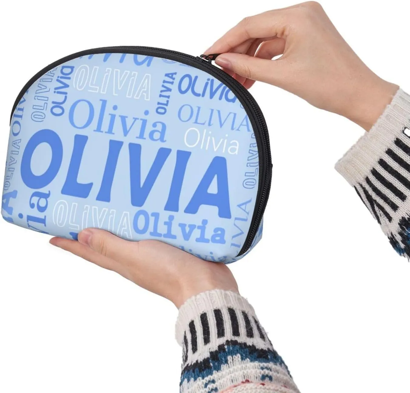 Custom 2 Pcs Cosmetic Bags with Name, personalized Name Portable Clutch Pouch Set for Travel Camper Bathroom, Customized 2PCS Name Portable Makeup Bags with Zipper Gifts for Women Girls (Light Blue)