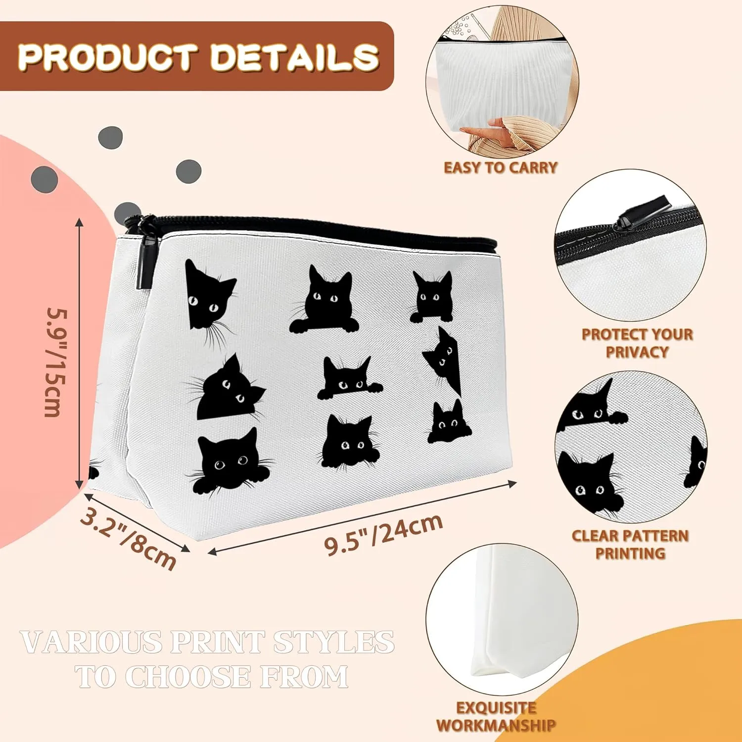 Cute Black Cat Cosmetic Bags Makeup Bags Toiletry Bag Large Capacity Organizer Pouch with Zipper Travel Accessories for Women Girls