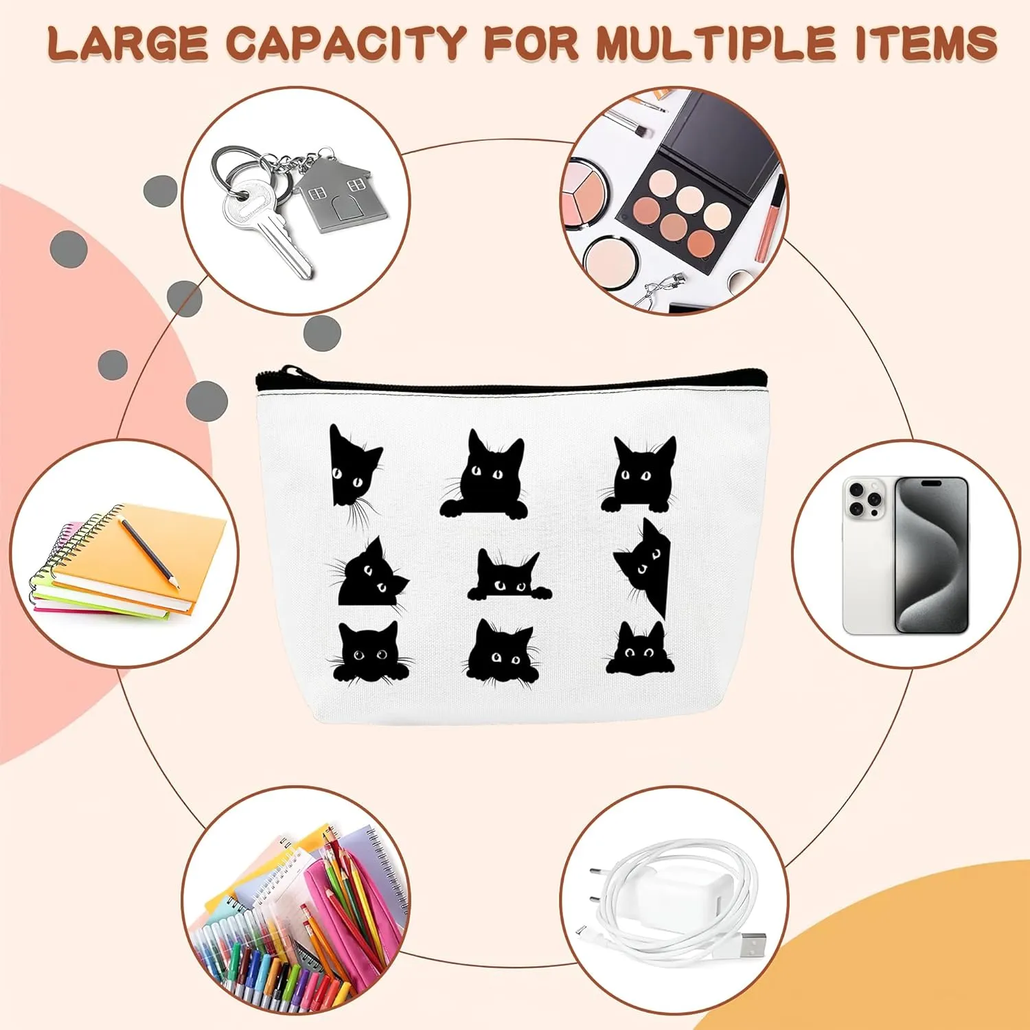 Cute Black Cat Cosmetic Bags Makeup Bags Toiletry Bag Large Capacity Organizer Pouch with Zipper Travel Accessories for Women Girls