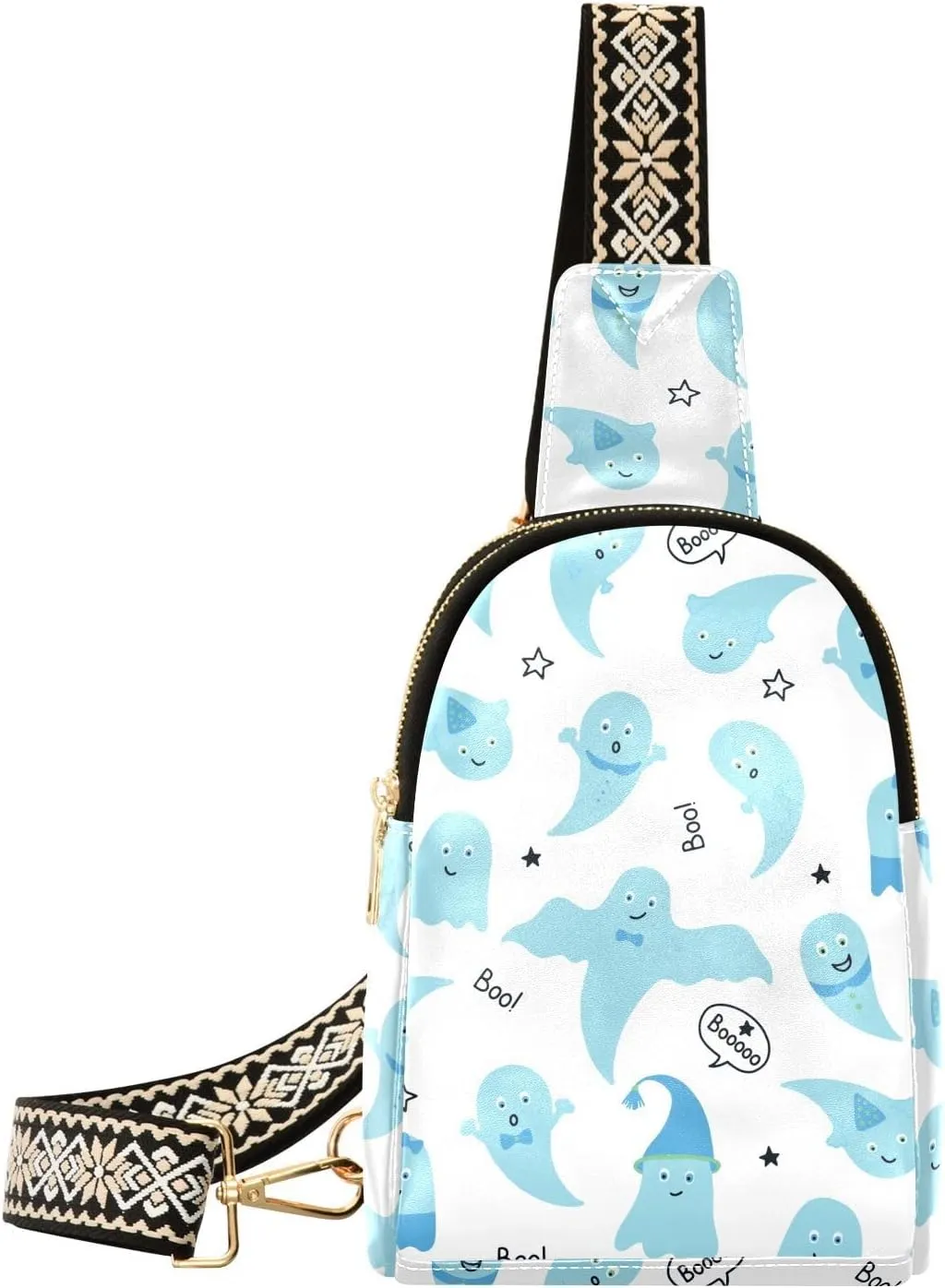 Cute Blue Ghosts Fanny Pack Crossbody PC Leather Small Sling Bag for Women Happy Halloween Fashion Waist Packs Chest Bag for Travel Sports Running Hiking