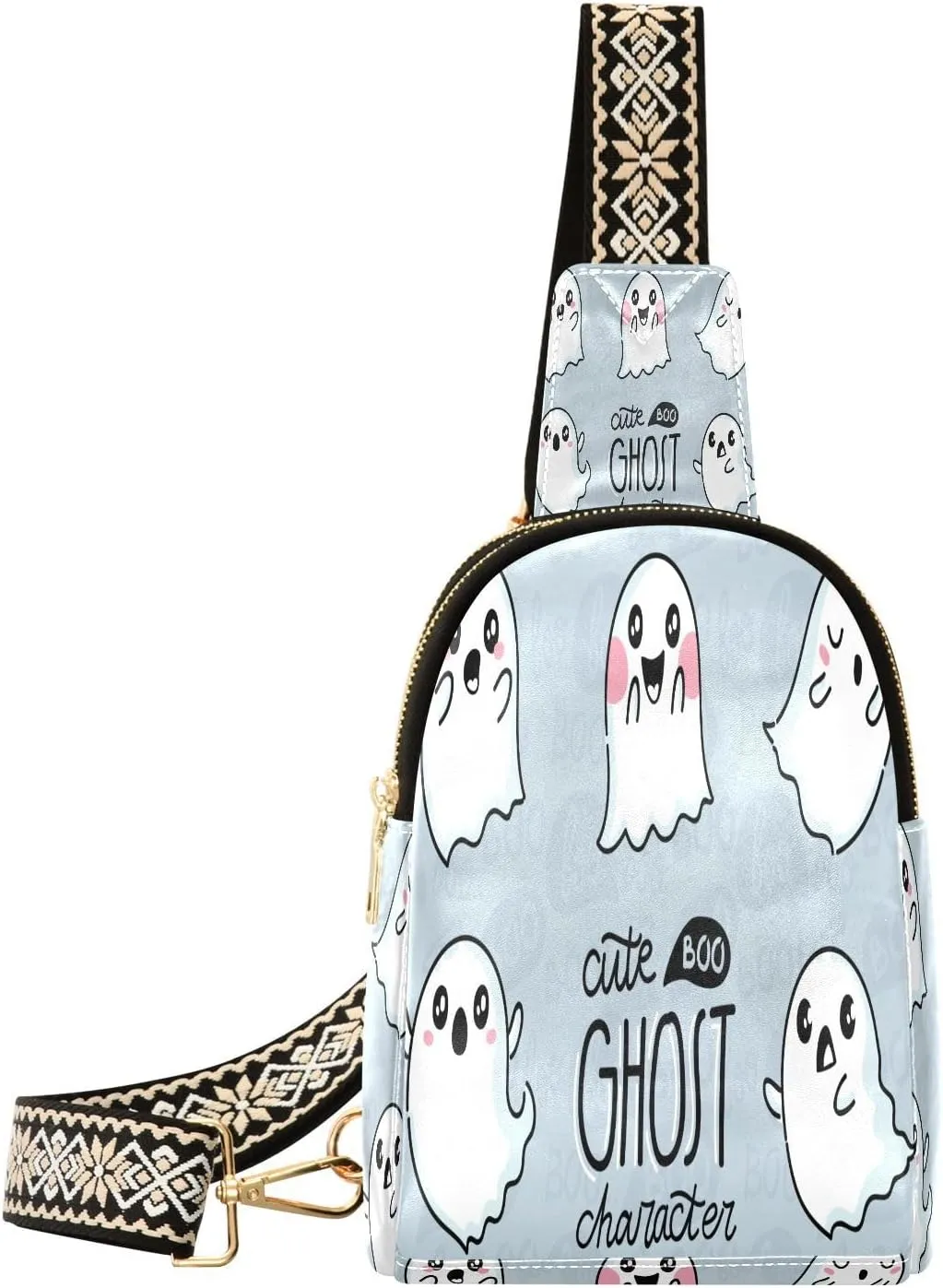 Cute Ghost Halloween Fanny Pack Crossbody PC Leather Small Sling Bag for Women Cartoon Style Fashion Waist Packs Chest Bag for Travel Sports Running Hiking