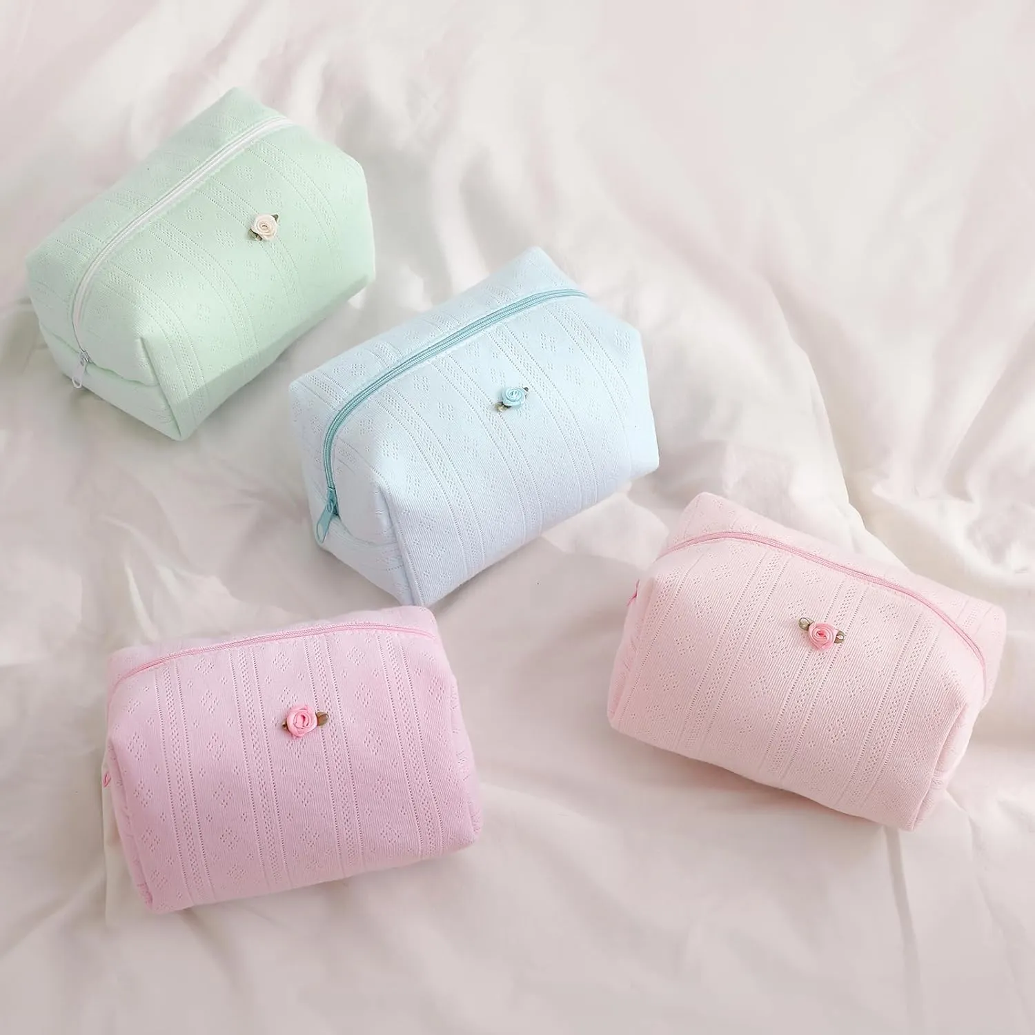Cute Small Soft Cotton Makeup Bag for Purse, Coquette Aesthetic Cosmetic Pouch with Zipper for Women and Girls, Kawaii Travel Cosmetic Bags (03Green)
