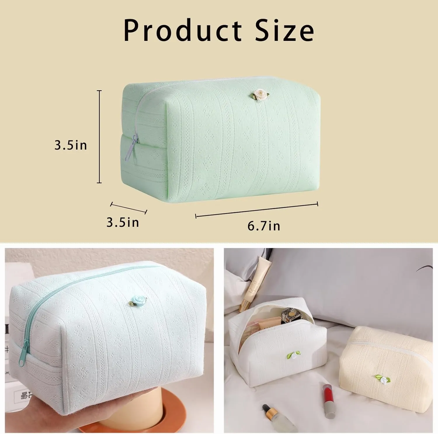Cute Small Soft Cotton Makeup Bag for Purse, Coquette Aesthetic Cosmetic Pouch with Zipper for Women and Girls, Kawaii Travel Cosmetic Bags (03Green)