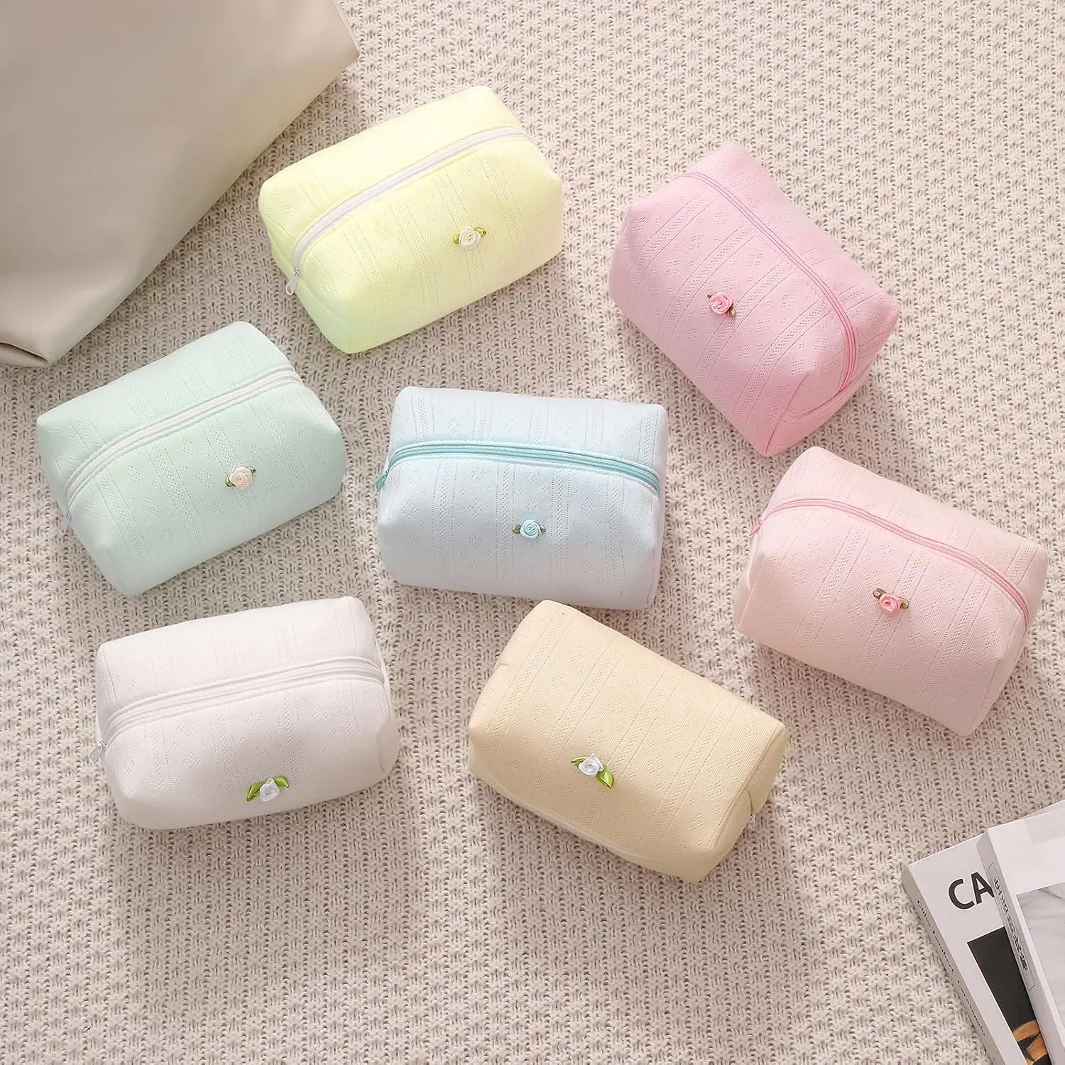 Cute Small Soft Cotton Makeup Bag for Purse, Coquette Aesthetic Cosmetic Pouch with Zipper for Women and Girls, Kawaii Travel Cosmetic Bags (03Green)