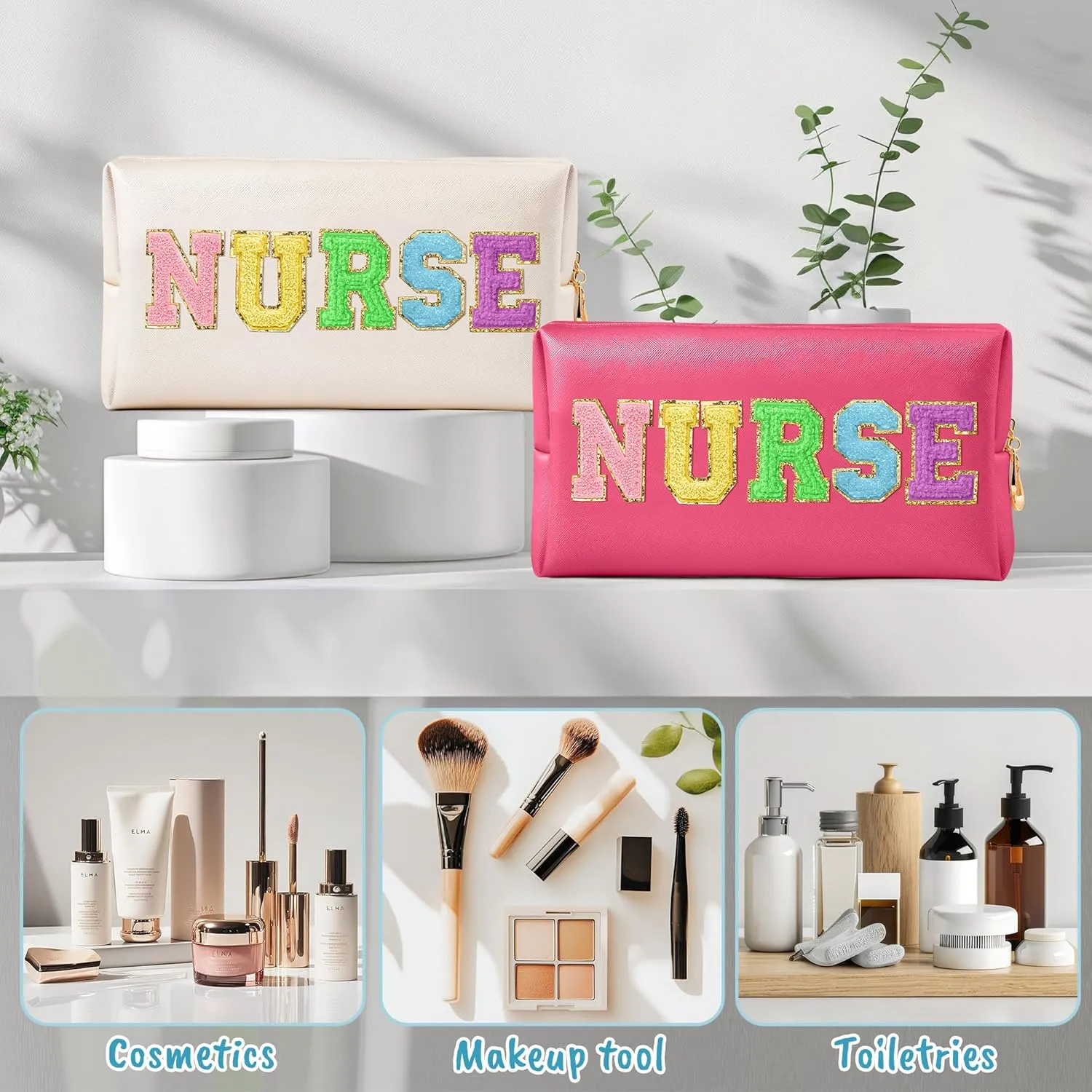 CY2SIDE NURSE Letter Makeup Bag - Colorful Chenille Letter Patch Cosmetic Bag Pink PU Leather Patch Travel Pouch Waterproof Portable Zipper Travel Organizer Case Christmas Gifts for Nurse Women