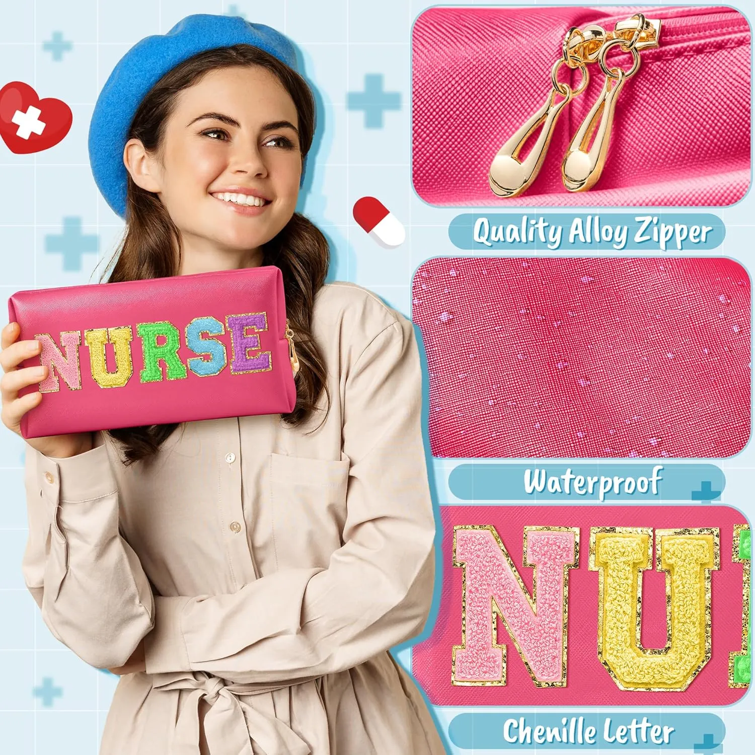 CY2SIDE NURSE Letter Makeup Bag - Colorful Chenille Letter Patch Cosmetic Bag Pink PU Leather Patch Travel Pouch Waterproof Portable Zipper Travel Organizer Case Christmas Gifts for Nurse Women