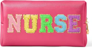 CY2SIDE NURSE Letter Makeup Bag - Colorful Chenille Letter Patch Cosmetic Bag Pink PU Leather Patch Travel Pouch Waterproof Portable Zipper Travel Organizer Case Christmas Gifts for Nurse Women