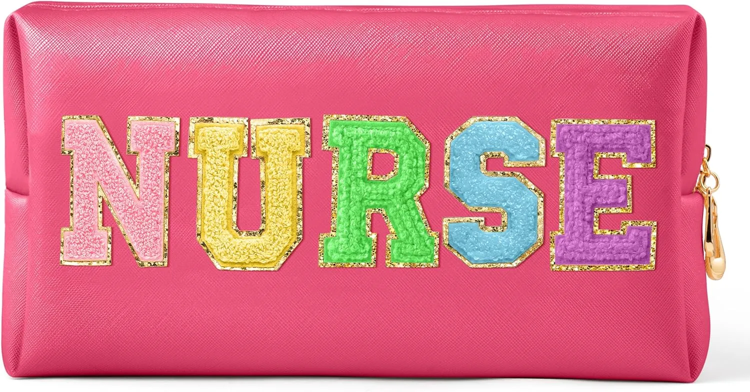 CY2SIDE NURSE Letter Makeup Bag - Colorful Chenille Letter Patch Cosmetic Bag Pink PU Leather Patch Travel Pouch Waterproof Portable Zipper Travel Organizer Case Christmas Gifts for Nurse Women