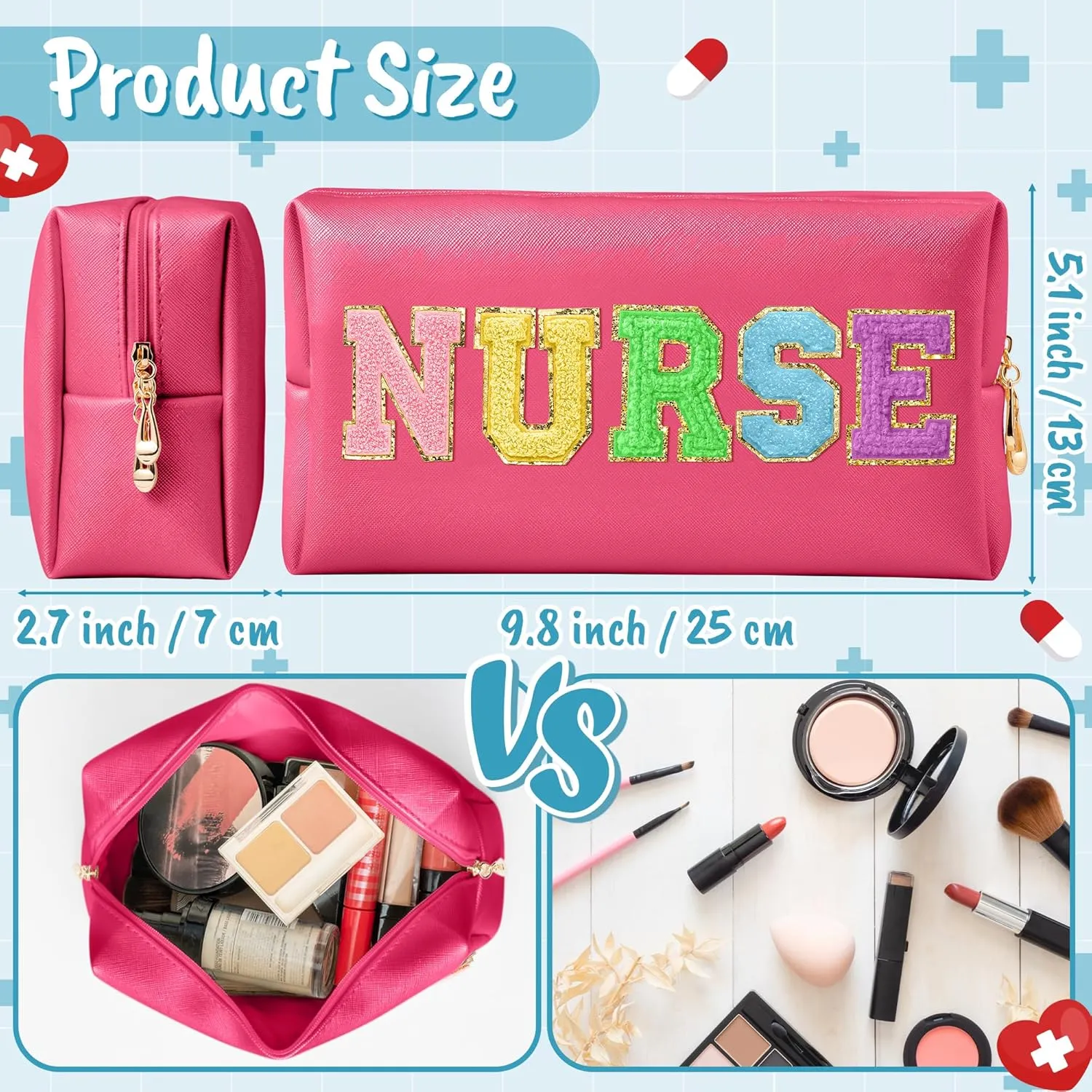 CY2SIDE NURSE Letter Makeup Bag - Colorful Chenille Letter Patch Cosmetic Bag Pink PU Leather Patch Travel Pouch Waterproof Portable Zipper Travel Organizer Case Christmas Gifts for Nurse Women