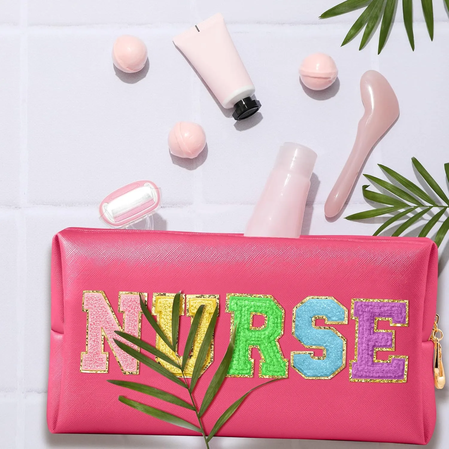 CY2SIDE NURSE Letter Makeup Bag - Colorful Chenille Letter Patch Cosmetic Bag Pink PU Leather Patch Travel Pouch Waterproof Portable Zipper Travel Organizer Case Christmas Gifts for Nurse Women