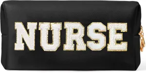 CY2SIDE NURSE Letter Makeup Bag - White Chenille Letter Patch Cosmetic Bag Black PU Leather Patch Travel Pouch Waterproof Portable Zipper Travel Organizer Case Christmas Gifts for Nurse Women