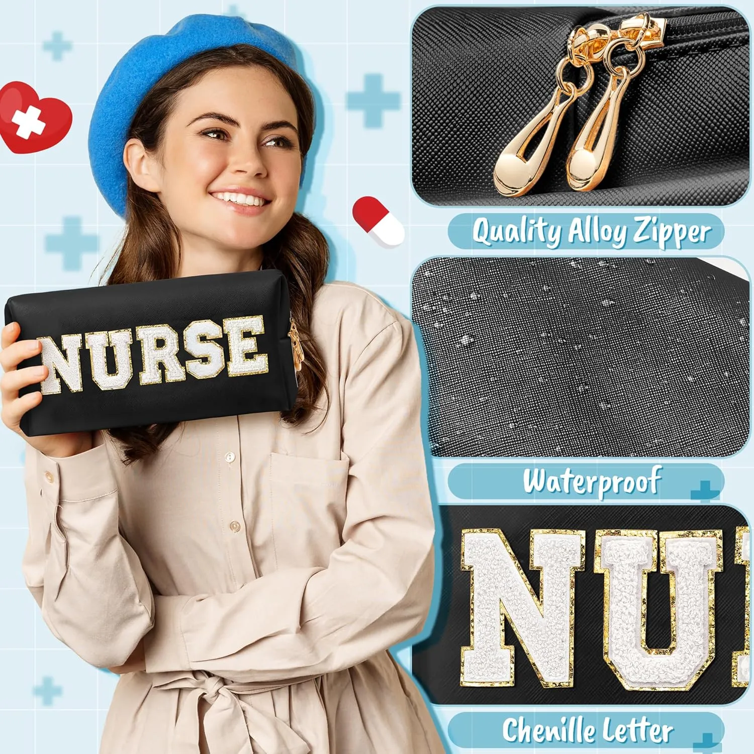 CY2SIDE NURSE Letter Makeup Bag - White Chenille Letter Patch Cosmetic Bag Black PU Leather Patch Travel Pouch Waterproof Portable Zipper Travel Organizer Case Christmas Gifts for Nurse Women