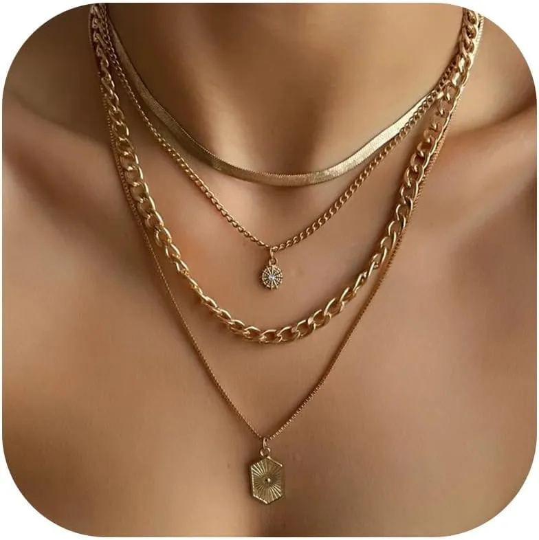 Dainty Gold Layered Necklaces for Women Trendy Stack Cuban Link Paperclip Chain Herringbone Jewelry Gift