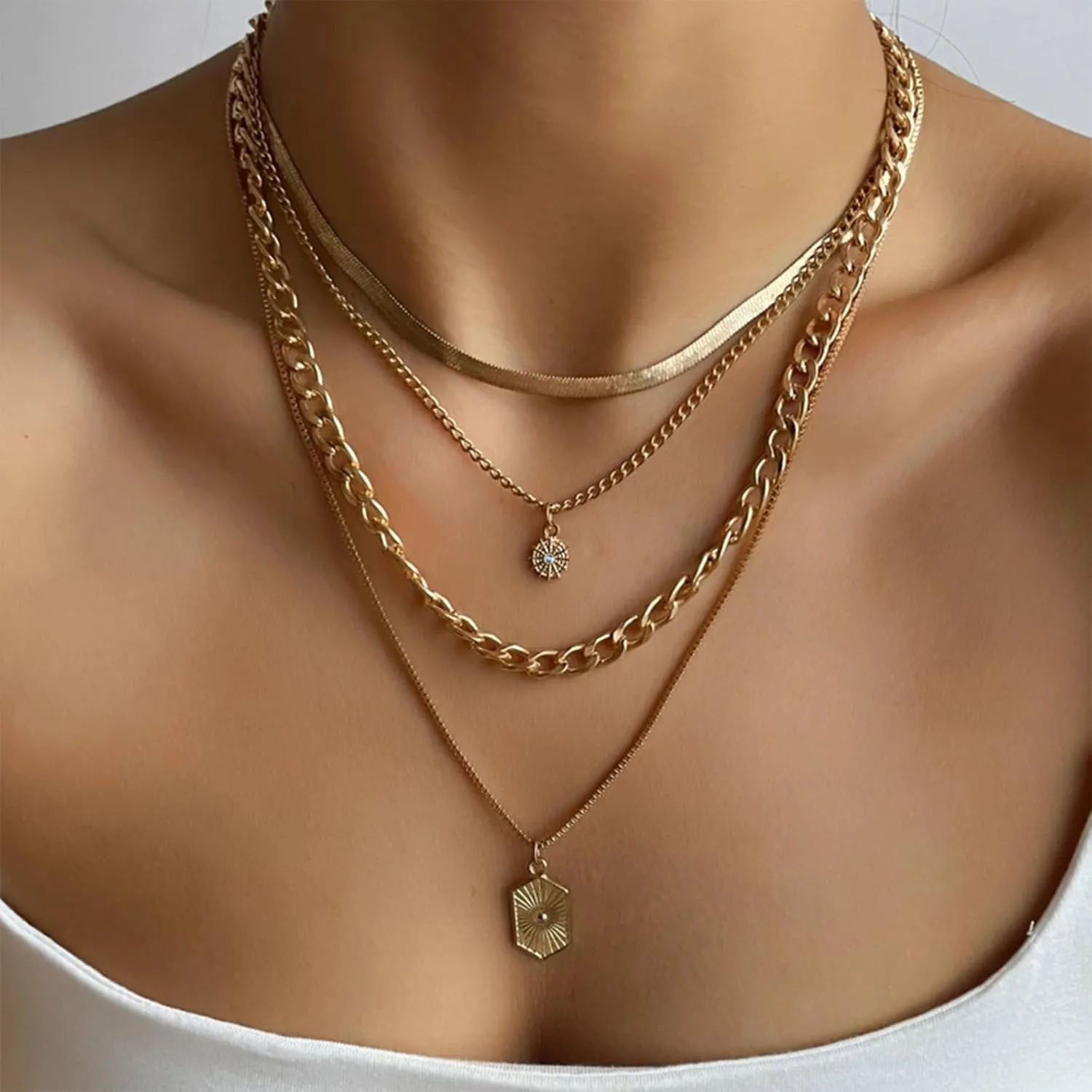 Dainty Gold Layered Necklaces for Women Trendy Stack Cuban Link Paperclip Chain Herringbone Jewelry Gift
