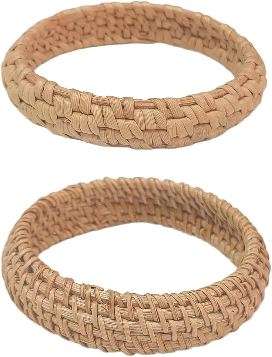 Dainty Rattan Geometric Bracelets Handmade Woven Lightweight Straw Wicker Braid Ethnic Round Statement Chunky Bangle for Women Jewelry