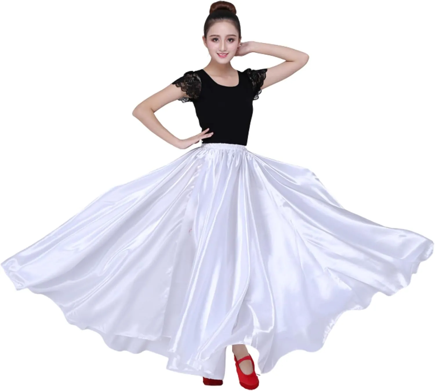 Dance Skirts for Women Satin Full Circle Ankle Length Swing Long Skirt Women Maxi Shiny Skirt for Party Cosplay Belly Dance