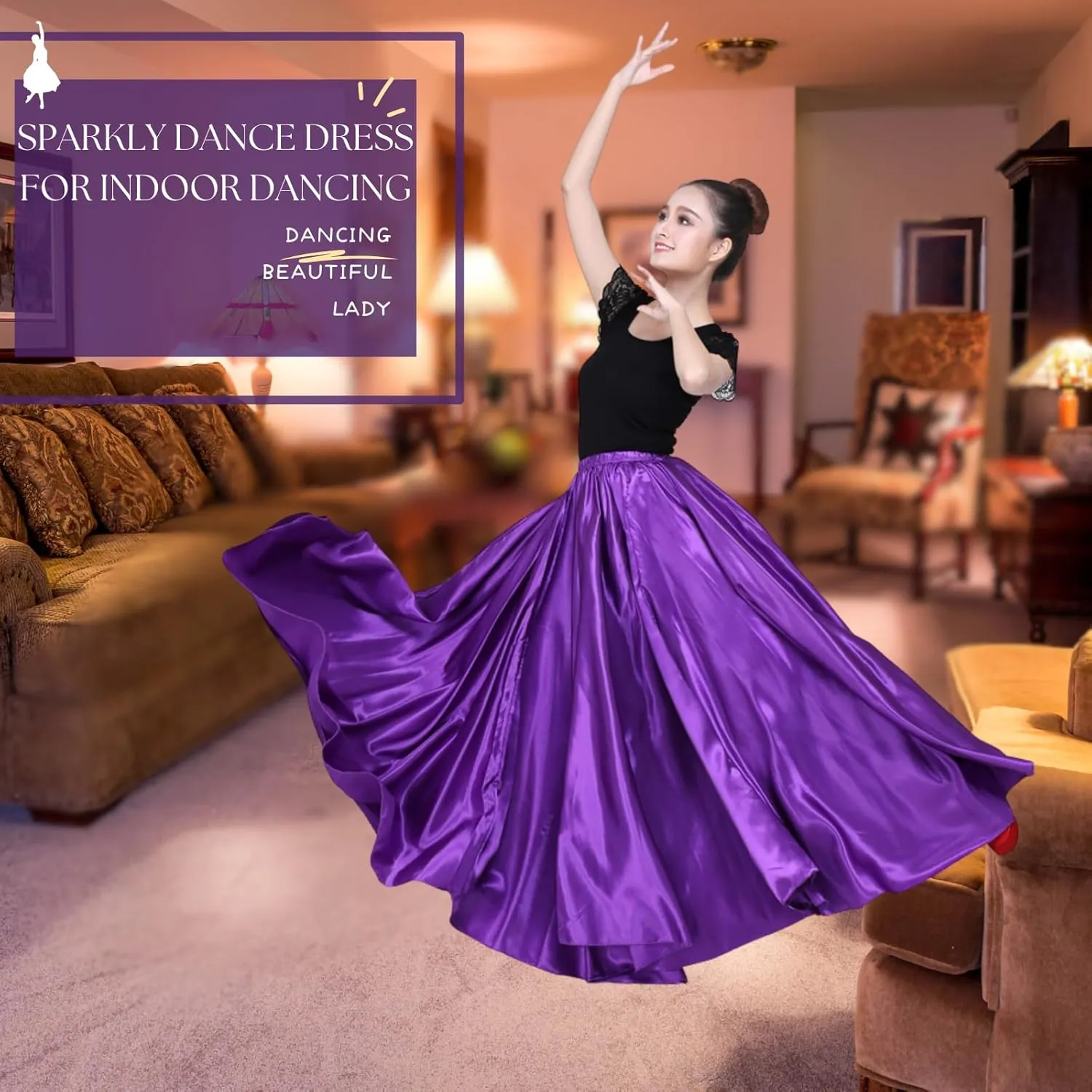 Dance Skirts for Women Satin Full Circle Ankle Length Swing Long Skirt Women Maxi Shiny Skirt for Party Cosplay Belly Dance