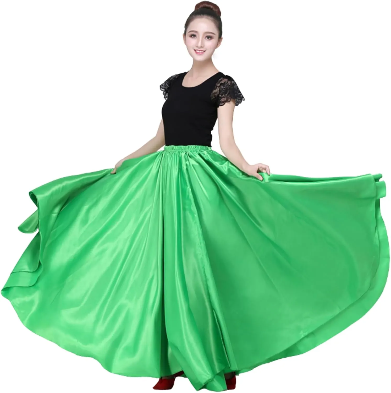 Dance Skirts for Women Satin Full Circle Ankle Length Swing Long Skirt Women Maxi Shiny Skirt for Party Cosplay Belly Dance