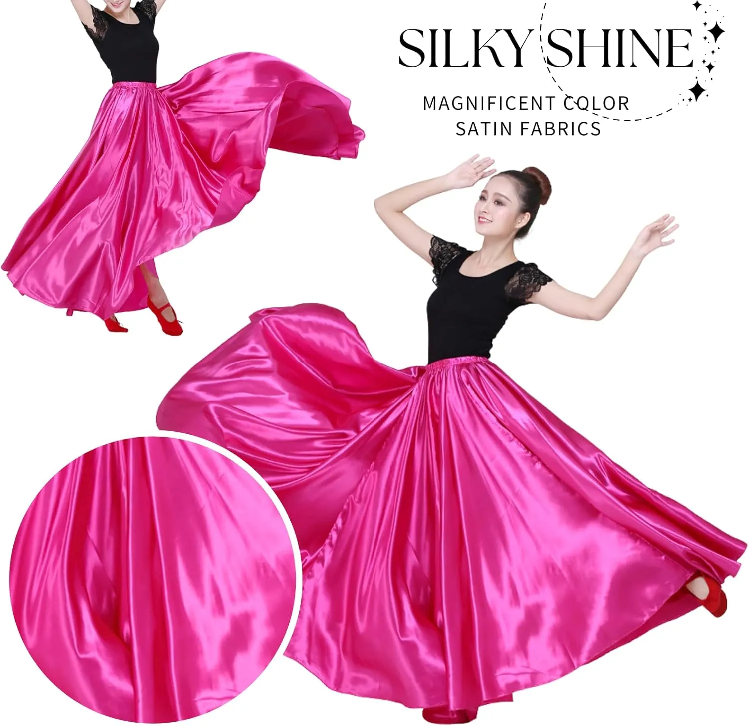 Dance Skirts for Women Satin Full Circle Ankle Length Swing Long Skirt Women Maxi Shiny Skirt for Party Cosplay Belly Dance