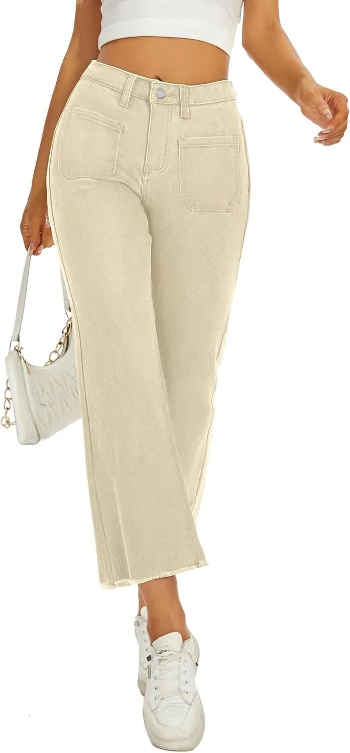 Denim Women Cropped Trousers Jeans Pants Leg Jeans High Rise Pants Stretchy with Pockets