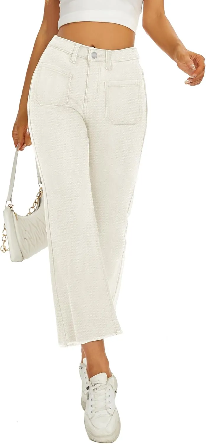 Denim Women Cropped Trousers Jeans Pants Leg Jeans High Rise Pants Stretchy with Pockets