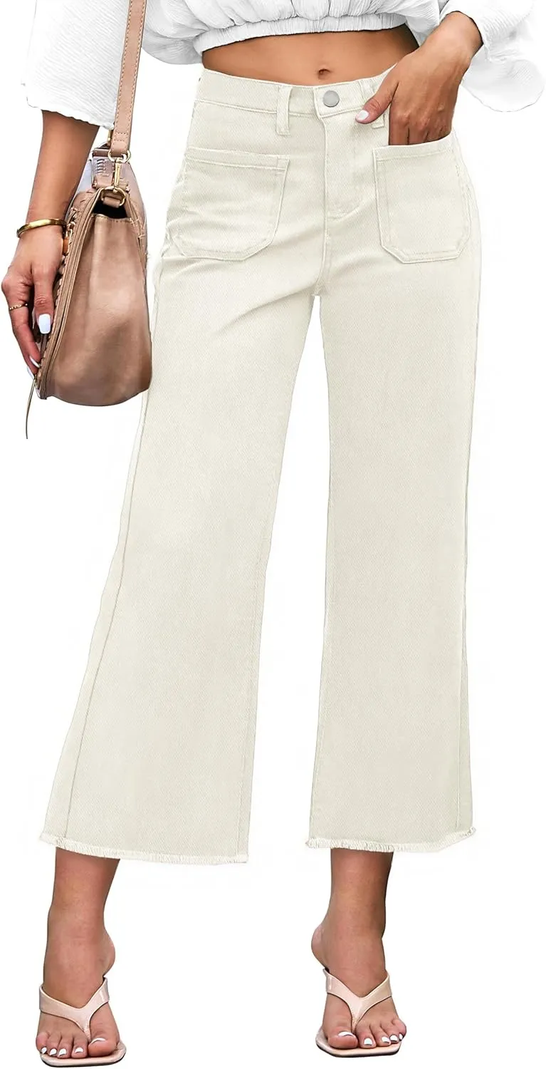 Denim Women Cropped Trousers Jeans Pants Leg Jeans High Rise Pants Stretchy with Pockets