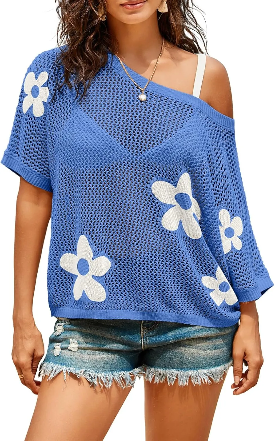 Dokotoo Womens Floral Fashion Summer Tops 2025 Short Sleeve Crochet Sweaters Swimsuit Cover Ups Lightweight Knit Pullover