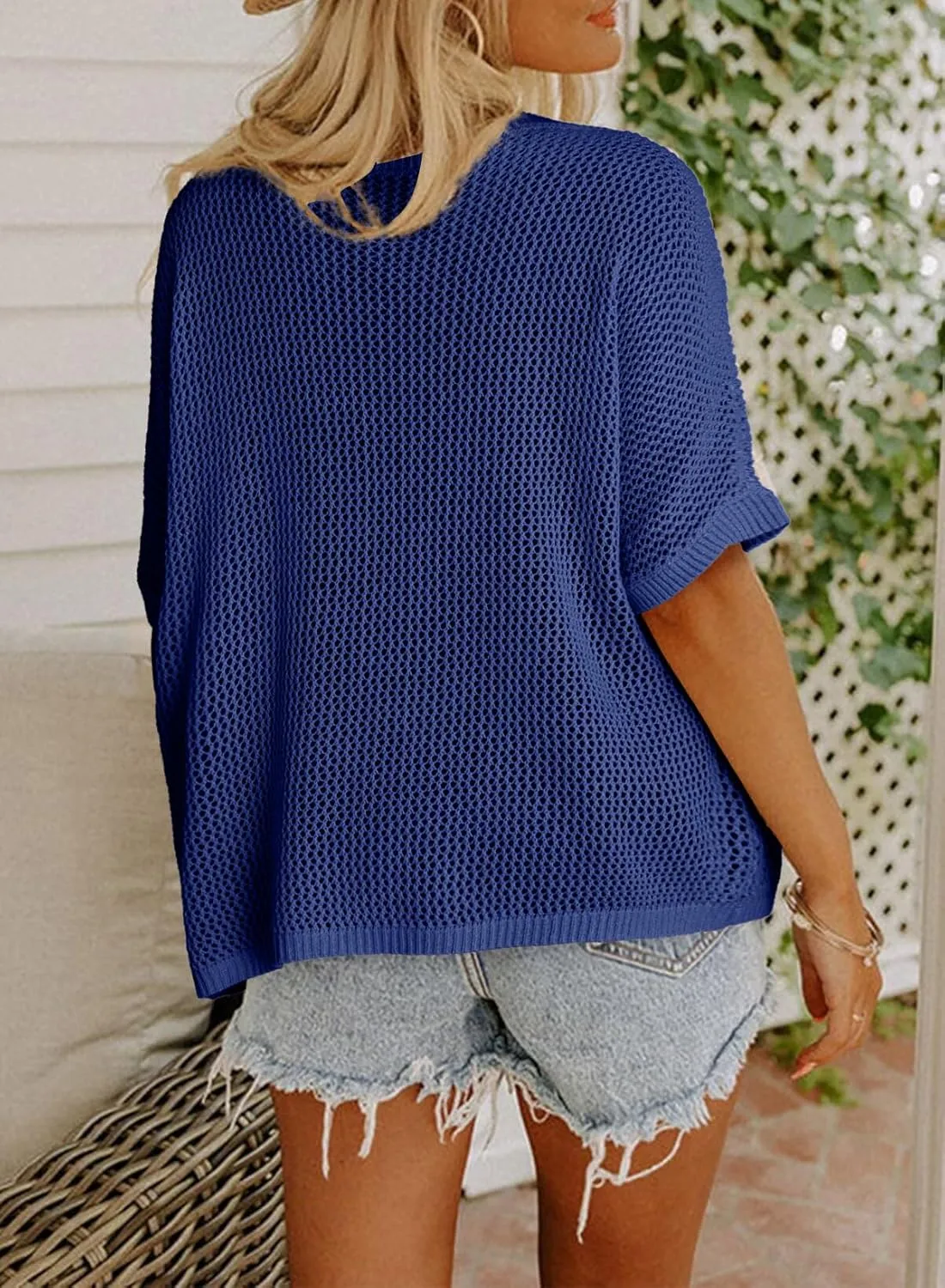 Dokotoo Womens Floral Fashion Summer Tops 2025 Short Sleeve Crochet Sweaters Swimsuit Cover Ups Lightweight Knit Pullover