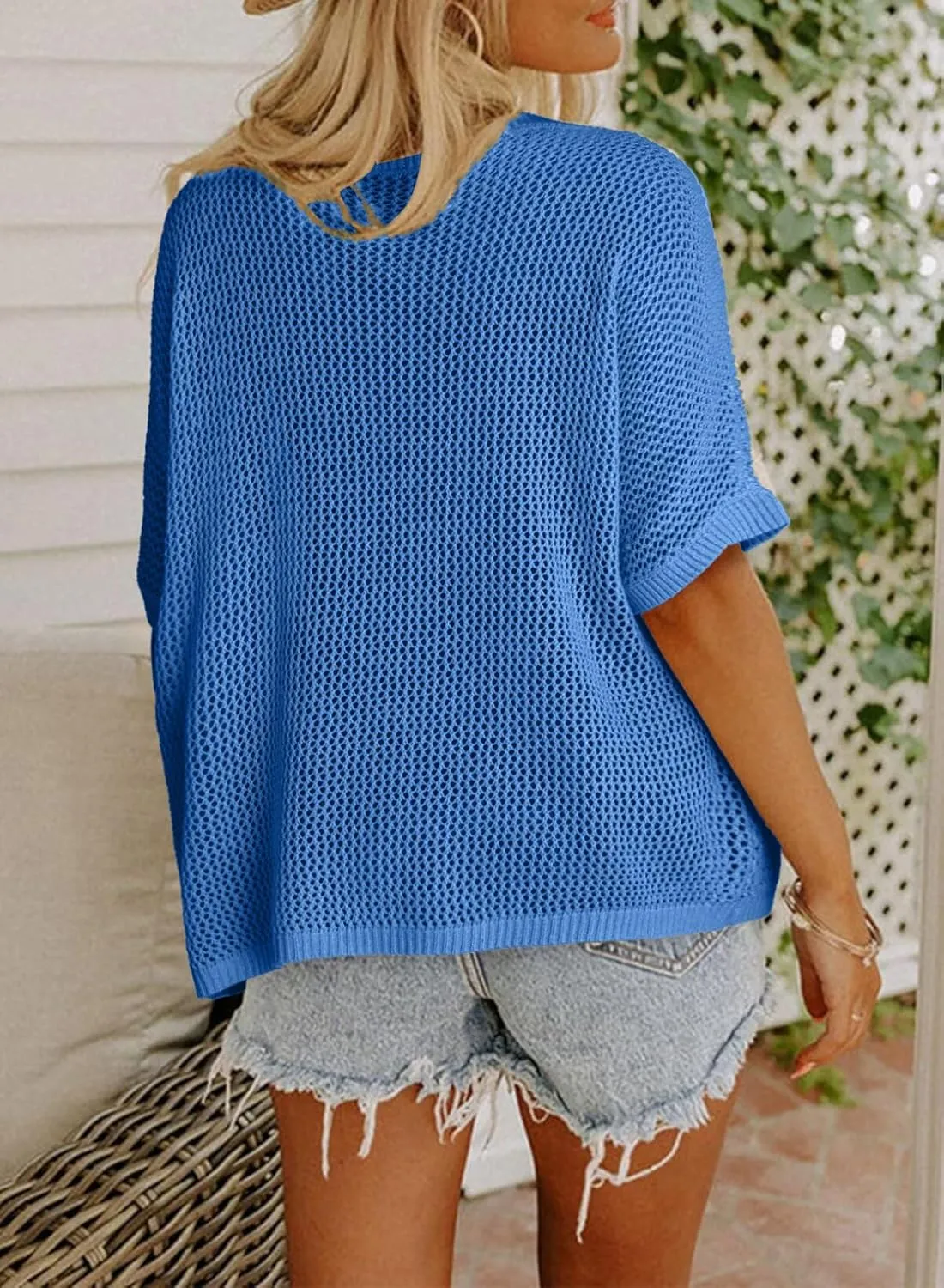Dokotoo Womens Floral Fashion Summer Tops 2025 Short Sleeve Crochet Sweaters Swimsuit Cover Ups Lightweight Knit Pullover