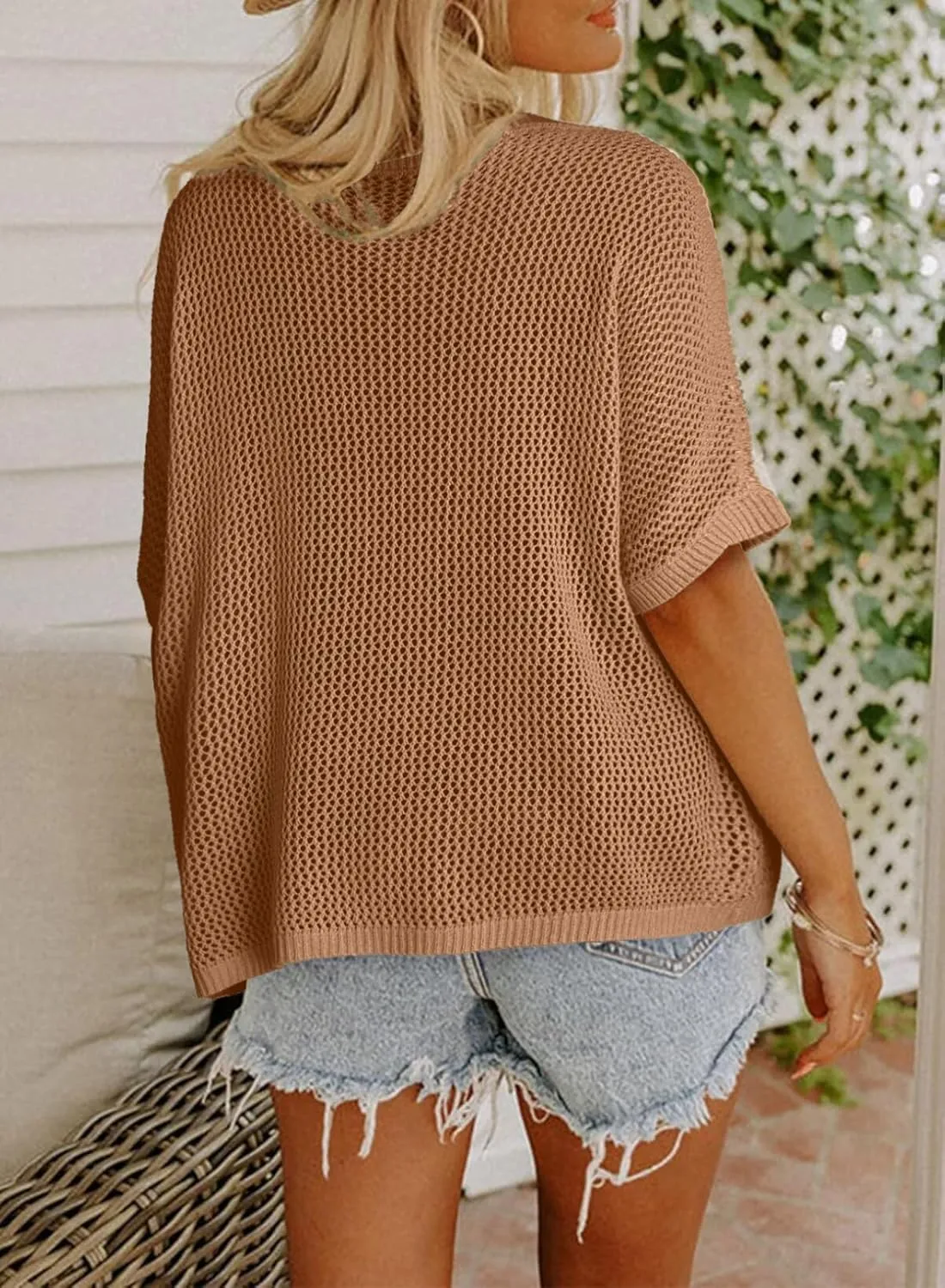 Dokotoo Womens Floral Fashion Summer Tops 2025 Short Sleeve Crochet Sweaters Swimsuit Cover Ups Lightweight Knit Pullover