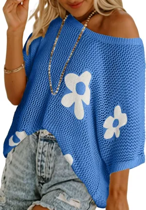 Dokotoo Womens Floral Fashion Summer Tops 2025 Short Sleeve Crochet Sweaters Swimsuit Cover Ups Lightweight Knit Pullover